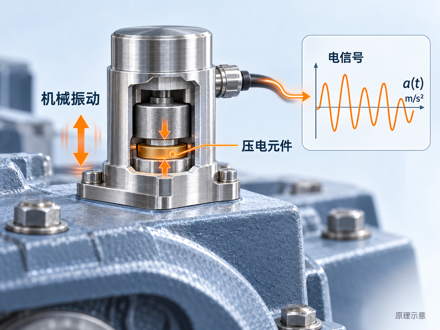 压电加速度测量原理示意：机械振动经敏感元件转换为加速度信号