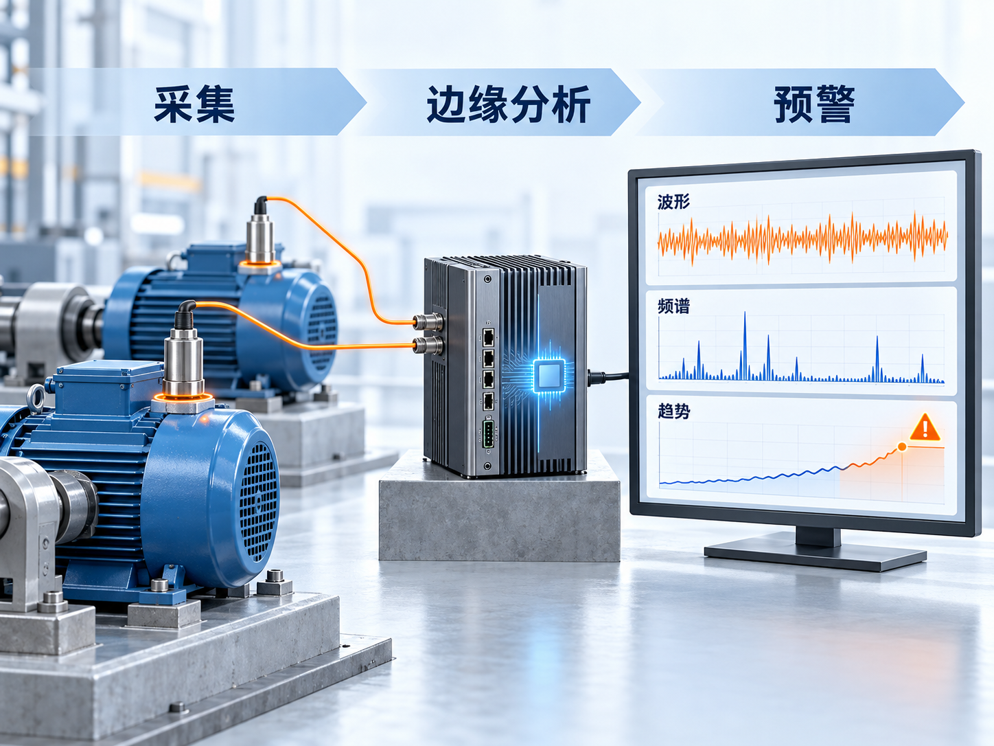 边缘分析与状态诊断示意：多测点采集、现场分析与故障预警