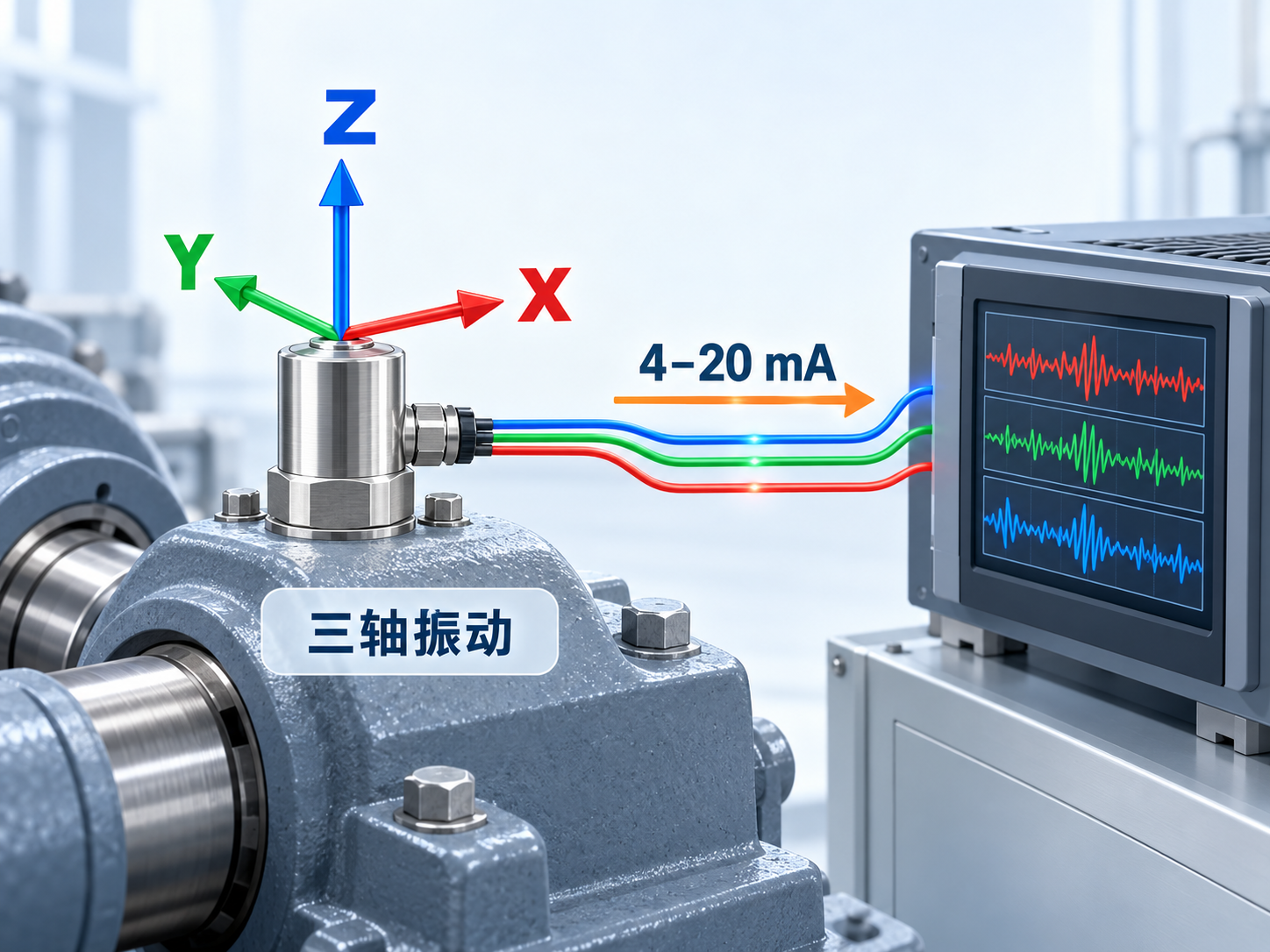 三轴测量与信号接入示意：X、Y、Z 三方向测量信号接入监控系统